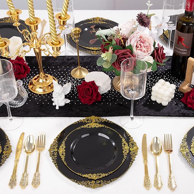 125PCS Black and Gold Plastic Plates - Black Disposable Dinnerware Set - Vintage Plastic Plates with Gold Silverware for 25 Guests for Wedding Party Halloween
