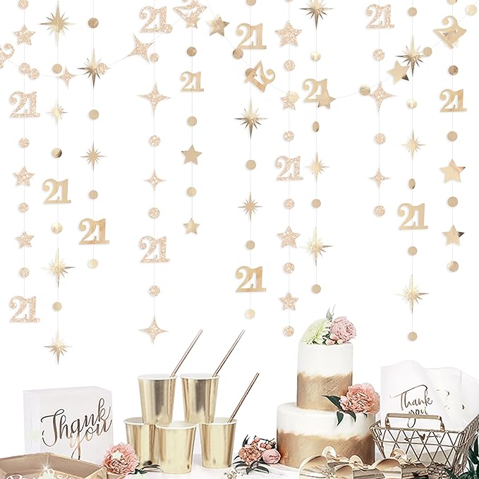 Champagne Gold 21st Birthday Decorations Number 21 Circle Dot Star Garland Metallic Streamer Banner Backdrop for Girls Boys Cheers to 21 Years Finally Legal Bday Happy 21st Anniversary Party Supplies