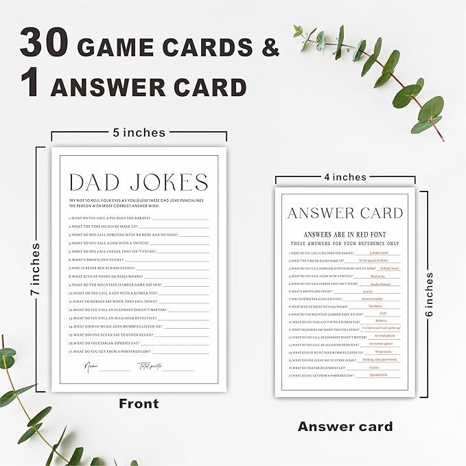 Baby Shower Party Games- Minimalism Black &White-Dad Jokes Game For Guest-30 Game Cards & 1 Answer Card-Wishes For Baby-Baby Announcement Gender Reveal Game Card 07