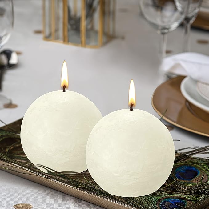 BOLSIUS 3 Pack Ivory Rustic Ball Pillar Candles - 3 Inch - Premium European Quality - Includes Natural Plant-Based Wax - Unscented 25 Hour Party Décor and Wedding Candles