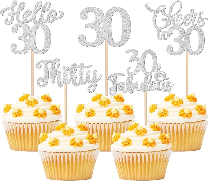 30PCS Happy 30th Birthday Cupcake Toppers Glitter Thirty Cheers to 30 Years Old Birthday Cupcake Picks Hello 30 Fabulous Cake Decorations for Happy 30th Birthday Anniversary Party Supplies Silver