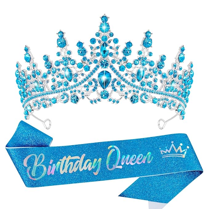 VELSCRUN Birthday Queen Tiara Crowns for Women Girls Blue Crystal Birthday Queen Headband Sash Elegant Princess Crown Happy Birth Party Decorations Mom Sisters Birth Gift Hair Accessories