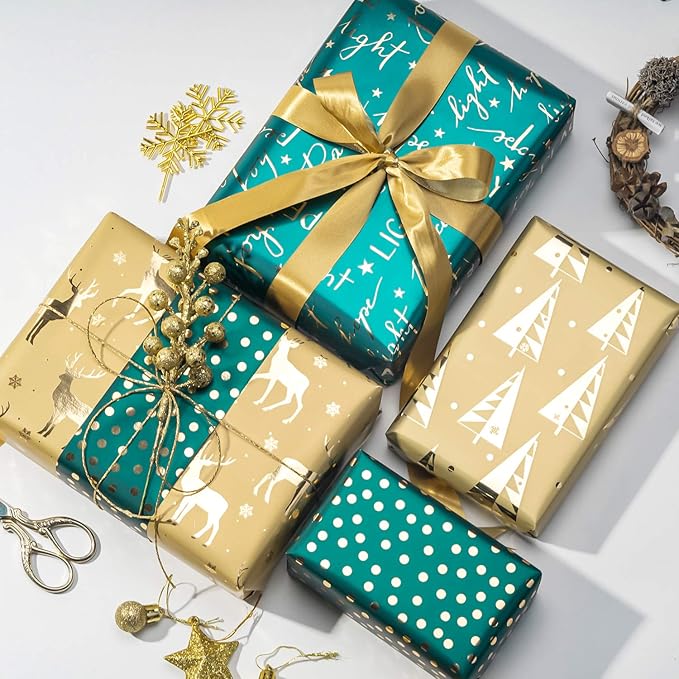 WRAPAHOLIC Green Christmas Wrapping Paper Set - Green and Gold Metallic Foil Shine Christmas Wrapping Paper Bundle with Gift Bow & Ribbon & Tag & Sticker