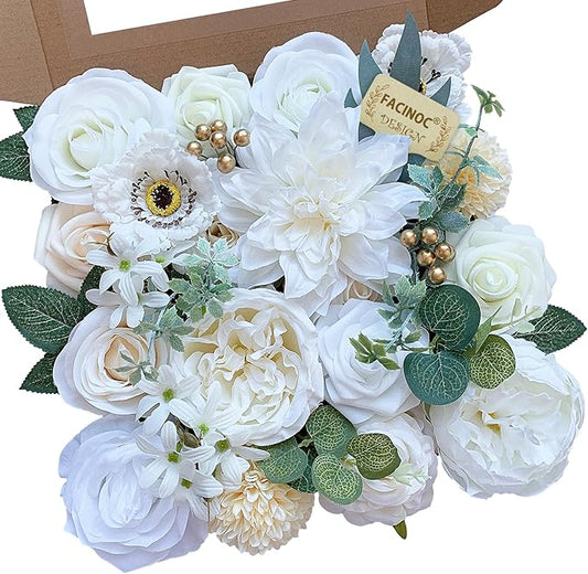 White Rose Artificial Flowers Fake Flower Bulk with Stems for DIY Wedding Bouquet Bridal Baby Shower Centerpiece Table Decorations Silk Faux Floral Arrangements for Party Home Decor Indoor