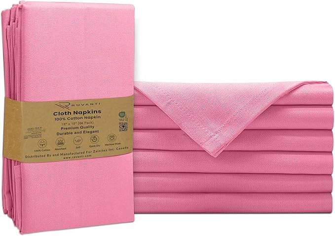 Ruvanti Premium Cloth Napkins Set of 6, 18x18 Inches, 100% Cotton, Washable, Soft & Absorbent, Perfect for Wedding, Christmas, ‎Thanksgiving Dinners - Pink