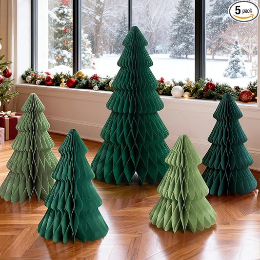5Pcs Extra Large Christmas Table Decorations Green Paper Christmas Trees, Light Up Honeycomb Xmas Tree Centerpieces for Tables Christmas Frozen Winter Wonderland Party Vintage Home Decor 14/16/24 Inch
