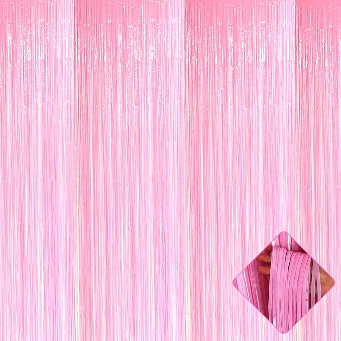 4 Pack Macaron Pink Foil Fringe Curtain Backdrop, 3.2Ft x 9.8Ft Metallic Tinsel Foil Fringe Streamers Curtains for Party, Photo Booth Prop, Birthday, Wedding, Christmas Party Decoration Supplies