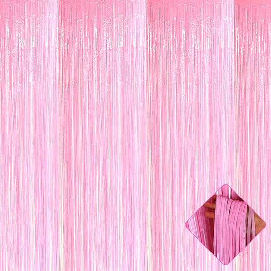 4 Pack Macaron Pink Foil Fringe Curtain Backdrop, 3.2Ft x 9.8Ft Metallic Tinsel Foil Fringe Streamers Curtains for Party, Photo Booth Prop, Birthday, Wedding, Christmas Party Decoration Supplies