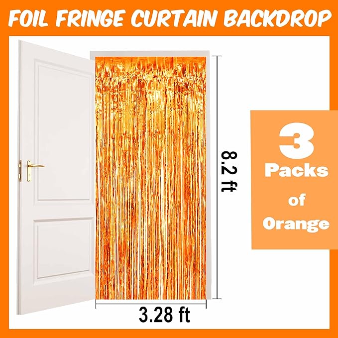 3 Pack Orange Foil Fringe Curtains Backdrop, 3.28 x 8.2 Ft Metallic Streamers Tinsel Curtains Background for Photo Booth, Birthday, Christmas, Halloween, Thanksgiving, New Year Party Decorations