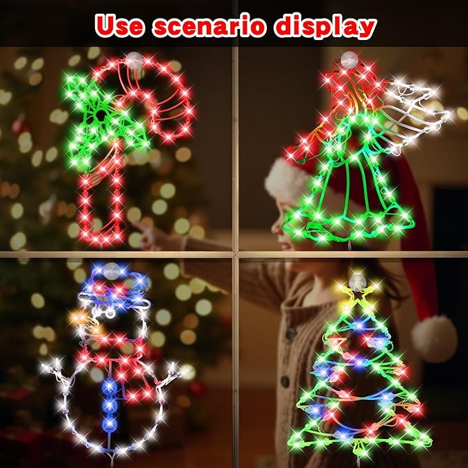 4 Pack Christmas Window Silhouette LED Lights Decorations, Angel, Xmas Trees, Candy Cane, Snow Man Christmas Window Light Decorations with 50 Bulbs for Holiday Wall Door Glass Decorations