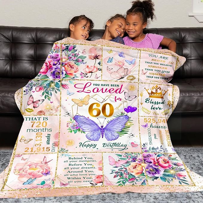 60th Birthday Gifts for Women, Super Soft Unique Fun Purple Butterfly Flower Blanket Gifts for Anniversary Christmas, 60th Birthday Decorations for Women, Cozy Warm Plush Fuzzy Fleece Blanket 80"x60"
