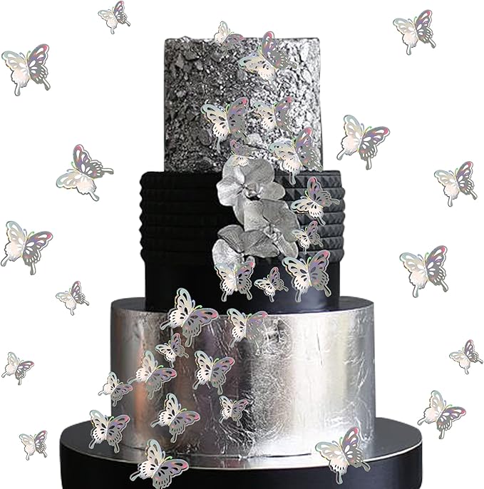 40 PCS Lively 3D Butterfly Cupcake Toppers Mixed Size Hollow Art Butterfly Cupcake Topper Baby Shower Wedding Anniversary Birthday Party Cake Wall Decorations Supplies Silver
