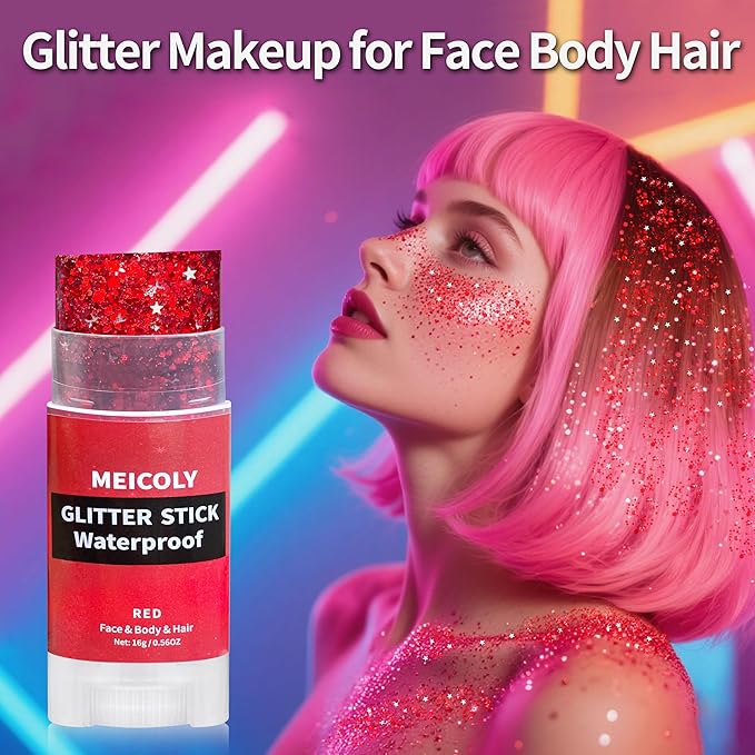 MEICOLY Red Face Body Glitter Stick,Hair Glitter Stick for Kids and Women,Sparkle Chunky Glitter Makeup for Halloween Mardi Gras,Waterproof Face Glitter for Party Rave Festival