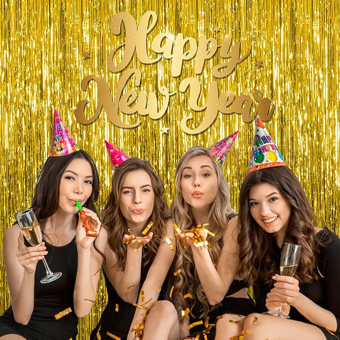 10 Pack Gold Fringe Curtain Backdrop Tinsel Streamers Birthday Party Decorations Christmas Photo Booth Backdrop Halloween New Year Graduation Baby Shower Theme Party Decorations