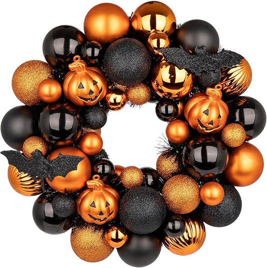 Halloween Wreath for Front Door, 13 inch Small Halloween Ball Wreath with Pumpkins Bats Shatterproof Front Door Wreaths Orange/Black Ball Ornament for Wall Mantel Porch Indoor Outdoor Decor