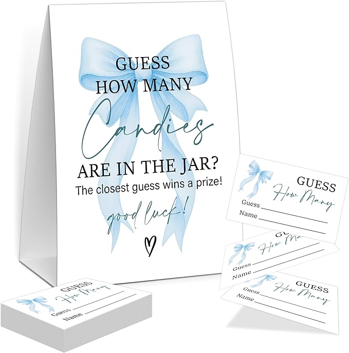Blue Bow Guess How Many Candies Are In The Jar Game, Baby Shower Game, Include One 5×7 Sign and 50 Guessing Cards, Blue Coquette Bow Gender Reveal Party Decoration Supplies - FE18