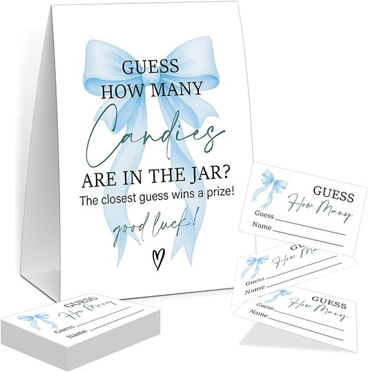 Blue Bow Guess How Many Candies Are In The Jar Game, Baby Shower Game, Include One 5×7 Sign and 50 Guessing Cards, Blue Coquette Bow Gender Reveal Party Decoration Supplies - FE18
