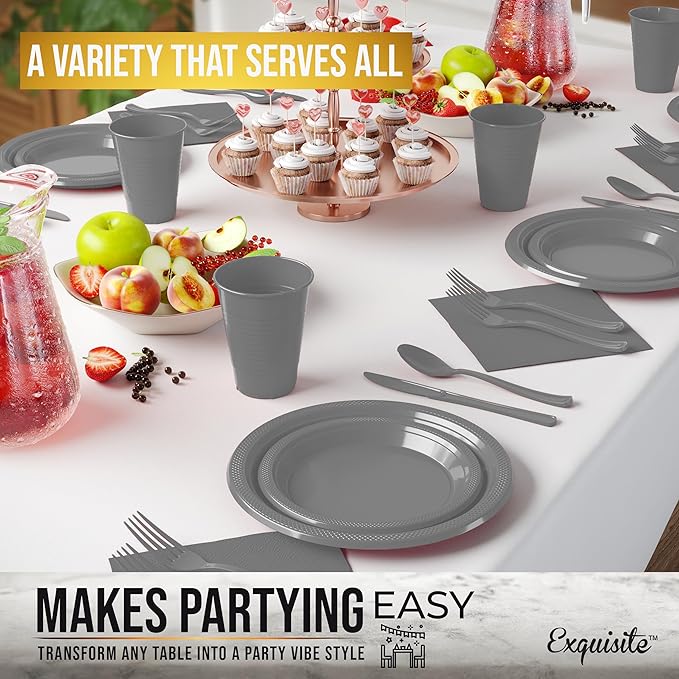 Party Solids 350 Pieces Silver Plastic Plates For Party, Silver Disposable Plates Set, 50 Of Each 9" Dinner Plate Set, 7" Dessert Plate, Cups, Napkins & Cutlery Plastic Dinnerware