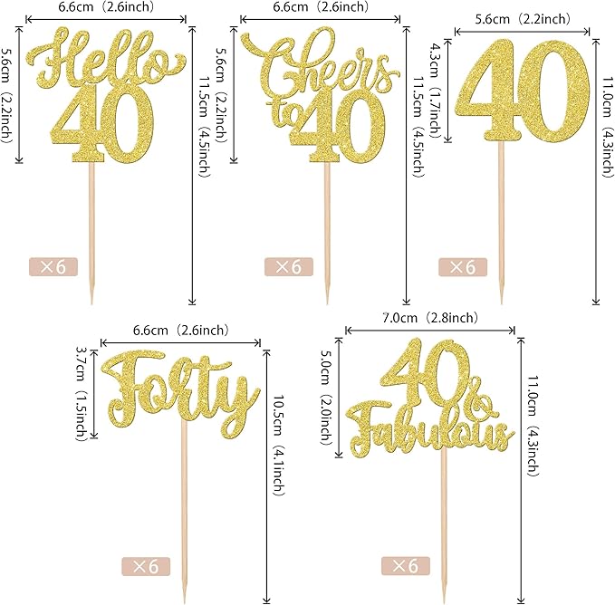 30PCS Happy 40th Birthday Cupcake Toppers Glitter Hello 40 Fabulous Forty Cheers to 40 Years Old Birthday Cupcake Picks for Happy 40th Birthday Anniversary Party Cake Decorations Supplies Gold