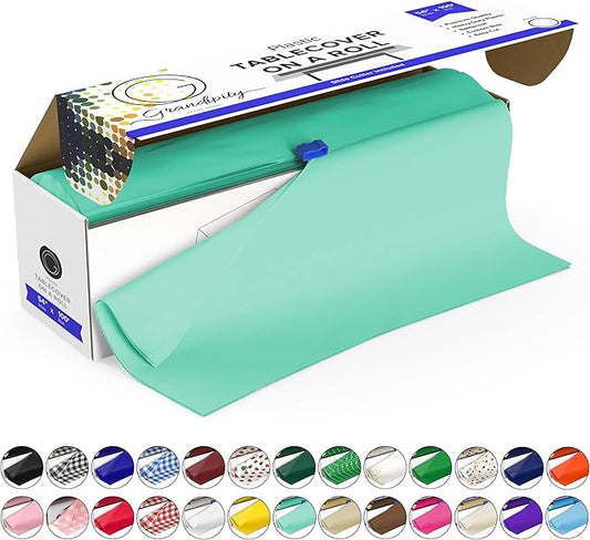 Grandipity Plastic Tablecloth Roll - 54in x 100 Ft. Aqua Plastic Table Cloths for Parties Disposable with Cutter Box - Cut to Size Disposable Tablecloth Table Cover for Rectangle & Round