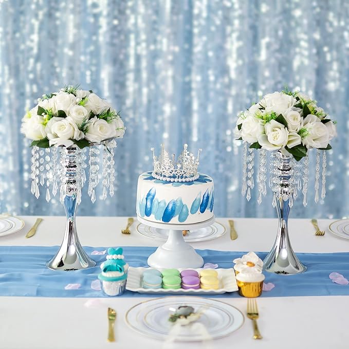 2 Pcs Silver Vases for Centerpieces, 13.8in Crystal Flower Arrangement Stand, Wedding Centerpieces for Tables, Tall Metal Flower Vase Holders for Wedding, Event, Reception, Birthday, Home Decor