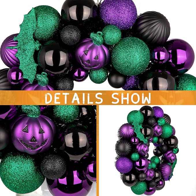 Halloween Wreath for Front Door, 13 inch Small Halloween Ball Wreath with Pumpkins Bats Shatterproof Front Door Wreaths Green/Purple/Black Ball Ornament for Wall Mantel Porch Indoor Outdoor Decor