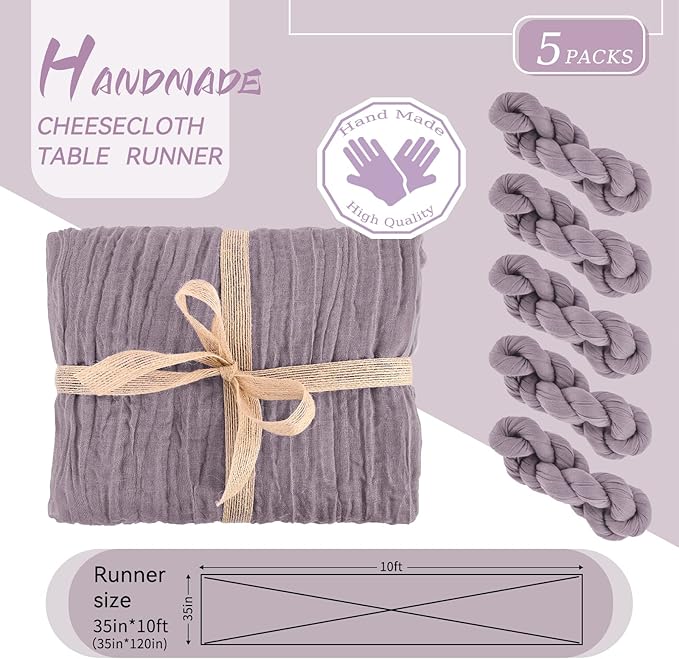 5 Packs Cheesecloth Table Runner Grape, 10Ft Rustic Gauze Boho Wedding Table Runner Decoration, Wedding Table Decor Table Cloth for Wedding Party Bridal Shower Table,35x120 inch