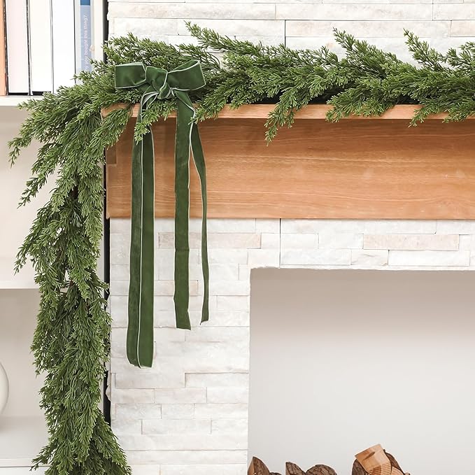 Dingion 2 PCS 9 ft Christmas Cedar Garland - Artificial Realistic Decorations Cedar Pine Needles Faux Garland for Seasonal Holiday Decor - Suitable for Table, Mantel, Stair