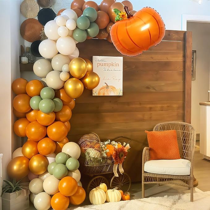 Fall Balloons Garland Arch Kit, Burnt Orange Pumpkin Foil Balloons, Orange Green Sand White Gold Balloon for Little Pumpkin Baby Shower First Birthday Thanksgiving Fall Autumn Harvest Party Decoration