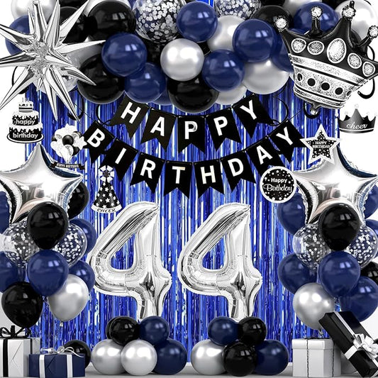 44th Birthday Decorations for Men and Women, Black Blue Silver Happy Birthday Number 44 Balloons, Banner, Fringe Curtains Garland Kit - 44 Year Old Party Supplies