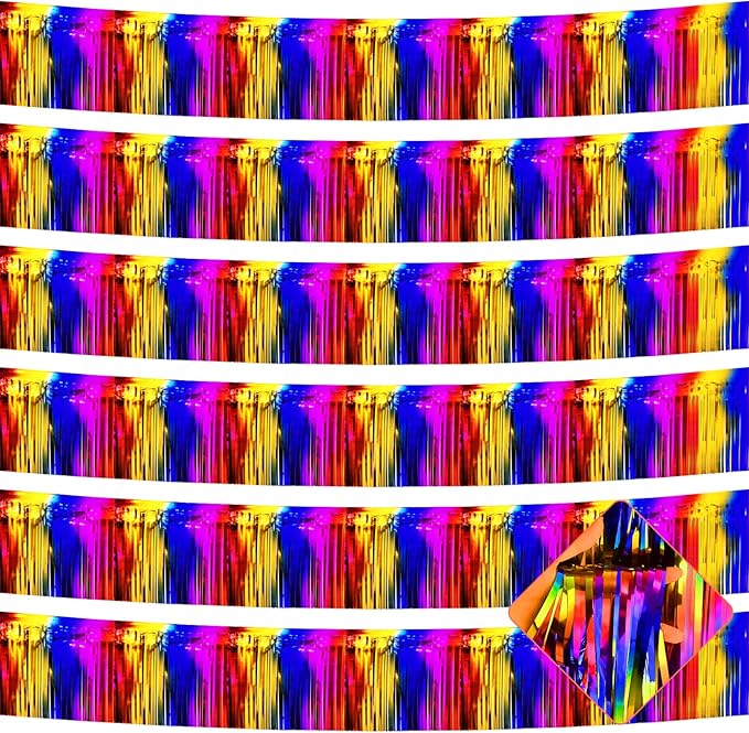 6 Pack 10 Feet Foil Fringe Garland Metallic Tinsel Streamers Banner Wall Hanging Curtain Backdrop for Parade Floats, Bachelorette, Wedding, Birthday, Halloween, Christmas Party Decorations(Rainbow)
