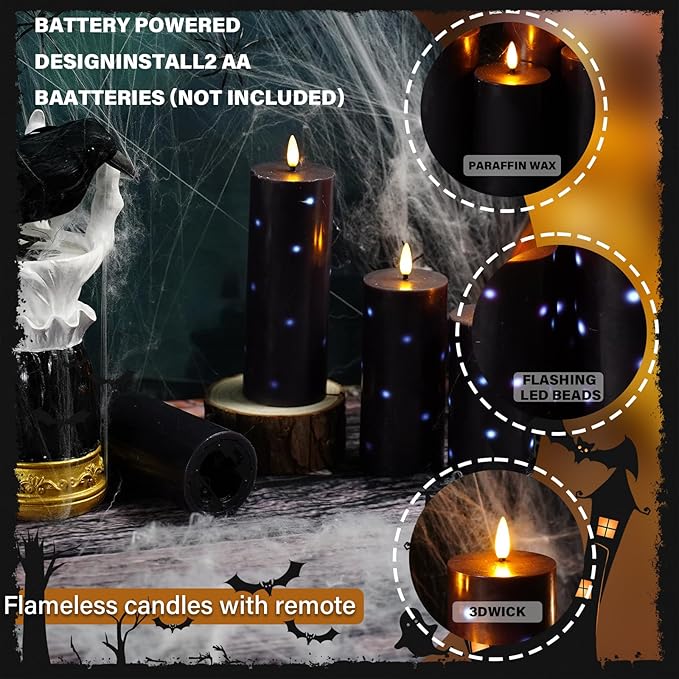 Flickering Flameless Candles with Remote Control and Timer Set of 5 Pc Real Wax LED Pillar Candles, Battery Operated Candles（D2.2×H5/5.5"/6"/7"/8"） Halloween Decorations Home Decor （Black）
