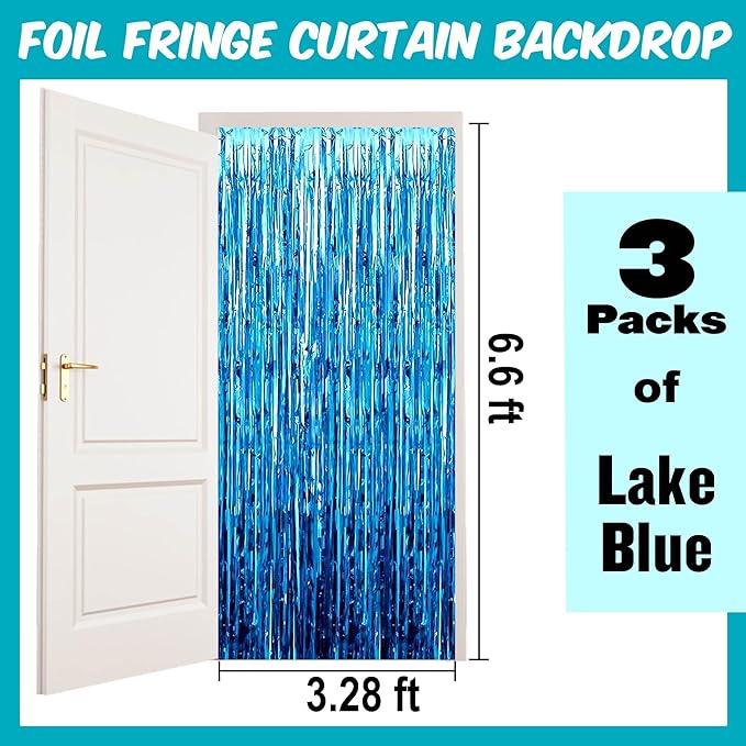 3 Pack Lake Blue Foil Fringe Curtains Backdrop, 3.28 x 6.6 Ft Metallic Streamers Tinsel Curtains Background for Photo Booth, Birthday, Halloween, Christmas, Thanksgiving, New Year Party Decorations