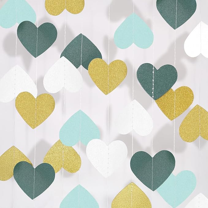 Green Bridal Shower Bachelorette Party Decorations: Gold Glitter Hearts Banner Garland Streamers Backdrop for Engagement Wedding Anniversary Birthday Christmas St Patricks Day Décor - 52 Ft