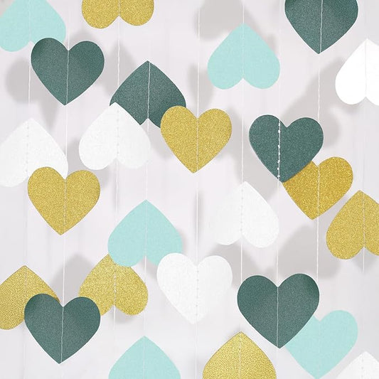 Green Bridal Shower Bachelorette Party Decorations: Gold Glitter Hearts Banner Garland Streamers Backdrop for Engagement Wedding Anniversary Birthday Christmas St Patricks Day Décor - 52 Ft