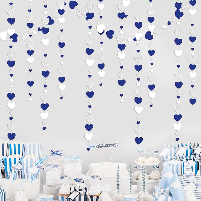 52 Ft Valentines Day Party Decorations Navy Blue Silver Heart Garlands Silver Royal Blue Hanging Streamer Banners for Anniversary Bachelorette Engagement Wedding Bridal Shower Birthday Party Supplies