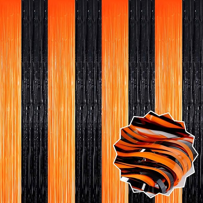 3 Pack Black Orange Foil Fringe Curtains Backdrop, 3.28 x 8.2 Ft Metallic Streamers Tinsel Curtains Background for Photo Booth, Birthday, Christmas, Halloween, New Year Party Decorations