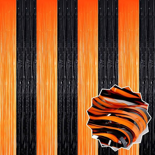 6 Pack Black Orange Foil Fringe Curtains Backdrop, 3.28 x 9.8 Ft Metallic Streamers Tinsel Curtains Background for Photo Booth, Birthday, Halloween, Christmas, Thanksgiving, New Year Party Decorations