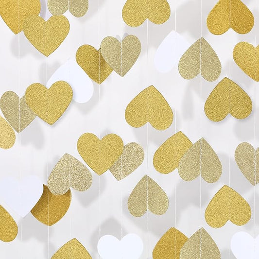 Gold Wedding Engagement Party Decorations: Champagne Glitter Hearts Banner Garland Streamers Backdrop for Bachelorette Bridal Baby Shower Anniversary Birthday Christmas Valentines Day Décor - 52 Ft