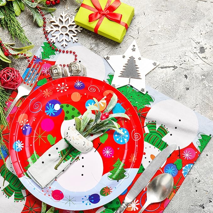 Gatherfun Christmas Party Supplies Christmas Snowman Disposable Paper Dinner Plates and Napkins for party decorations, Serve 50