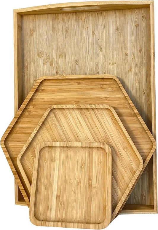 Bamboo Serving Trays Cutting Boards 16.5"x11.8"（42x30cm with Handle, Set Includes 0.63"(1.6cm) Thick Plates 1xHexagon 12.5"(32cm)+1xHexagon 9.8"(25cm)+1xSquare 5.9"(15cm) for Family Dinner