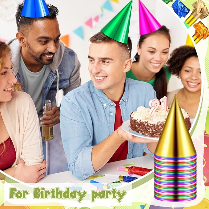 300 Pcs Birthday Party Cone Hats and Colorful Noisemakers Blowers Set Metallic Foil Paper Cone Hats Noisemakers Blow Whistle for Kids Children Adults Birthday Party Supplies