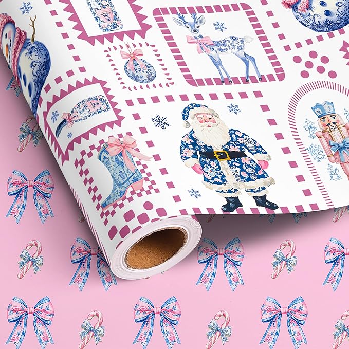 Vnaaem Reversible Chinoiserie Christmas Wrapping Paper Roll - Pink Toile Santa Claus, Reindeer, Nutcrackers, Snowman & Bow Design Gift Wrap for Holiday Party Celebration, DIY Craft - 17 In X 20 Ft(Total 28.5sq.ft)