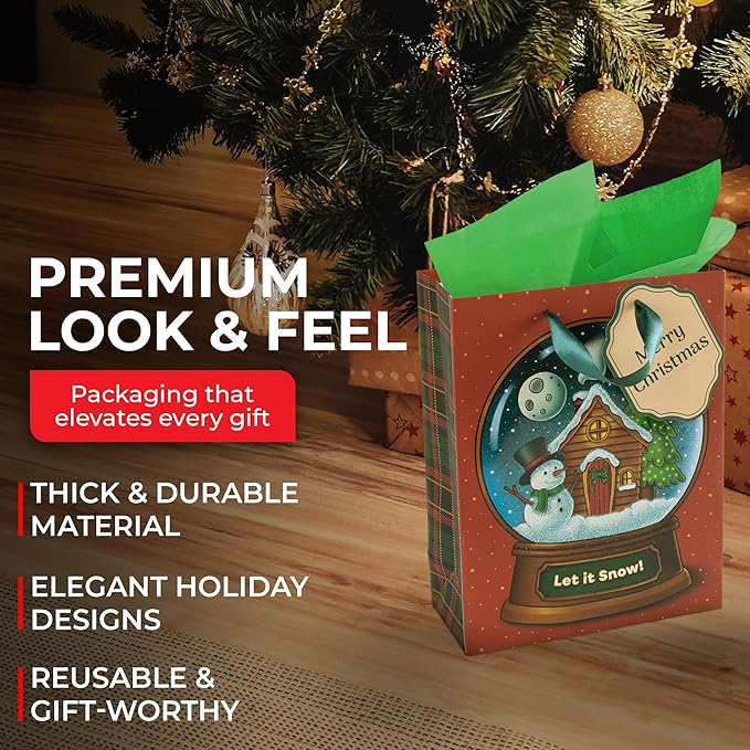 RACHELLE'S Snow Globe Christmas Gift Bags – Small 9"x7"x3" (10-Pack) – Sturdy Paper Gift Bags with Tissue Paper, Tag and Handle – Let It Snow – Perfect for Christmas Holiday Gifting & Party Favors