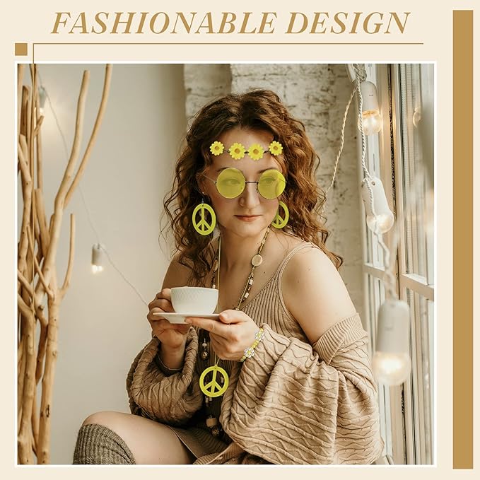 Batiyeer 6 Pcs Hippie Costume Accessories Set, Boho Peace Sign Daisy Flower 60s 70s Party Favors Decor for Groovy Party Women(Yellow)