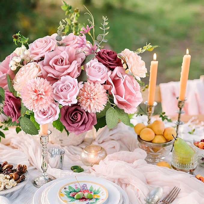 AGIRL Rose Artificial Flowers Combo Fake Flowers Pink Roses Silk Flowers with Stems for DIY Bridal Wedding Bouquets Centerpieces Arrangements Table Party Baby Shower Home Decor (Champagne Pink)