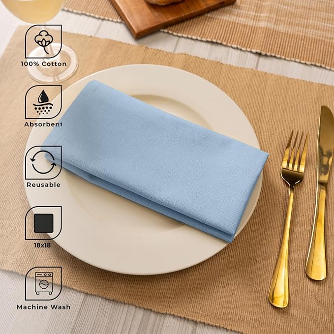 Blue Needles Solid Cloth Napkins Set of 12 Ice Blue 100% Cotton Dinner Napkins 18x18 inches - Soft, Reusable, Absorbent & Washable Fall Thanksgiving Linen, Ideal for Events, Parties & Everyday Use