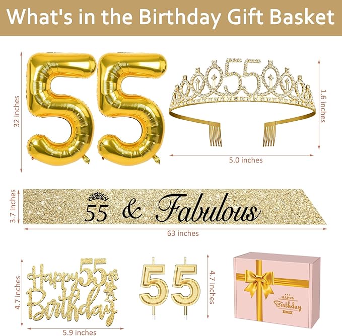 55th Birthday Decorations for Women Gold with 55th Birthday Sash and Tiara, Cake Topper and Candles, Number Balloons, 55 Year Old Gifts for Women