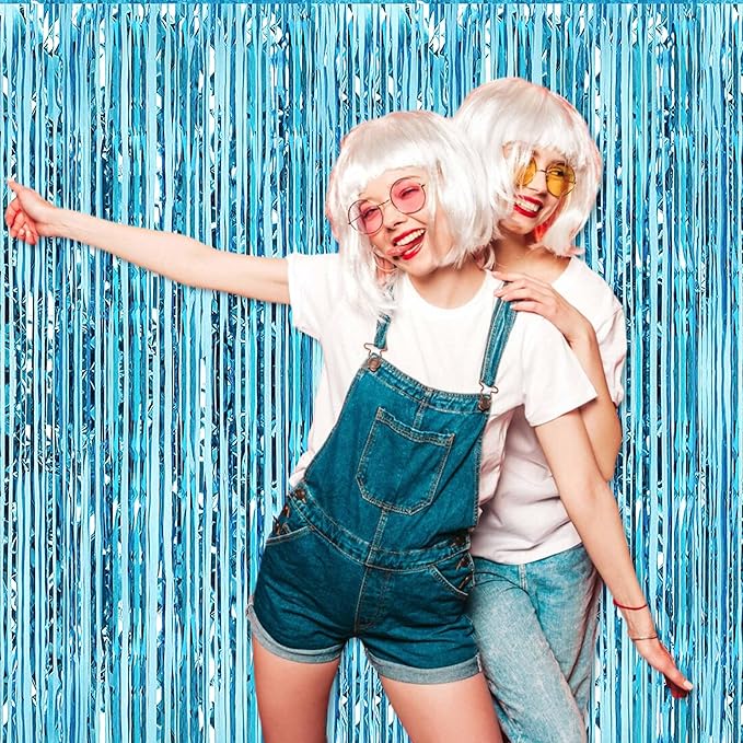 6 Pack Light Blue Foil Fringe Curtains Backdrop, 3.28 x 9.8 Ft Metallic Streamers Tinsel Curtains Background for Photo Booth, Birthday, Halloween, Christmas, Thanksgiving, New Year Party Decorations