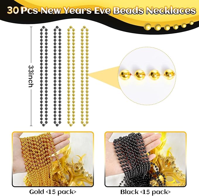 30 PCS Gold Black New Year Necklaces, 33 Inch New Year Eve Necklaces Round Happy New Year Necklace Accessories, 2026 New Year Party Beads for New Year's Day, Christmas, Carnival Party Favors
